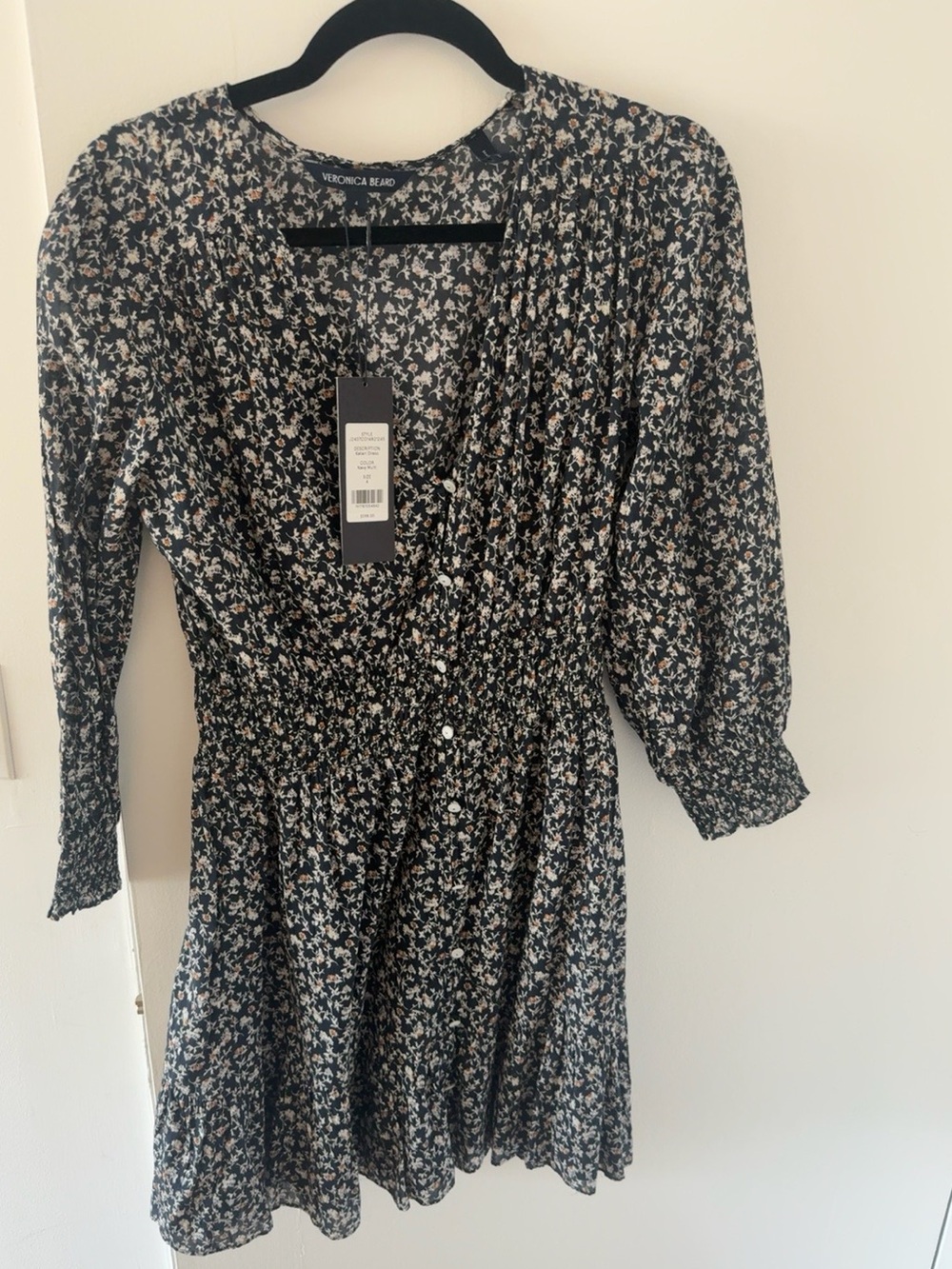 Veronica Beard Black Floral Long-Sleeve Smocked-Waist Dress